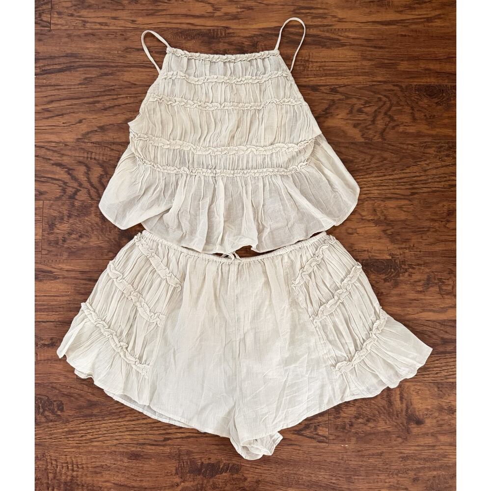 Free People Free- est Boho Gauze Ruffle Two Piece Set Beige Short/Top Cottage - Picture 3 of 8